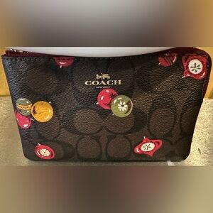 COACH Black Signature Wristlet with Red, Green & Yellow Floral Dots